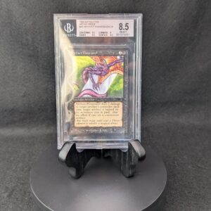 A professionally graded Magic: The Gathering card, Artifact Possession from the 1994 Antiquities set, encased in a clear Beckett acrylic slab and graded 8.5. The label displays subgrades for centering, corners, edges, and surface, and the card features artwork by Christopher Rush with a vibrant purple creature on a glowing background.