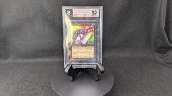 A professionally graded Magic: The Gathering card, Artifact Possession from the 1994 Antiquities set, encased in a clear Beckett acrylic slab and graded 8.5. The label displays subgrades for centering, corners, edges, and surface, and the card features artwork by Christopher Rush with a vibrant purple creature on a glowing background.